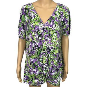 Josephine Studio Womens 2X Purple Green Floral Front Ruffle V-Neck‎ Blouse Shirt